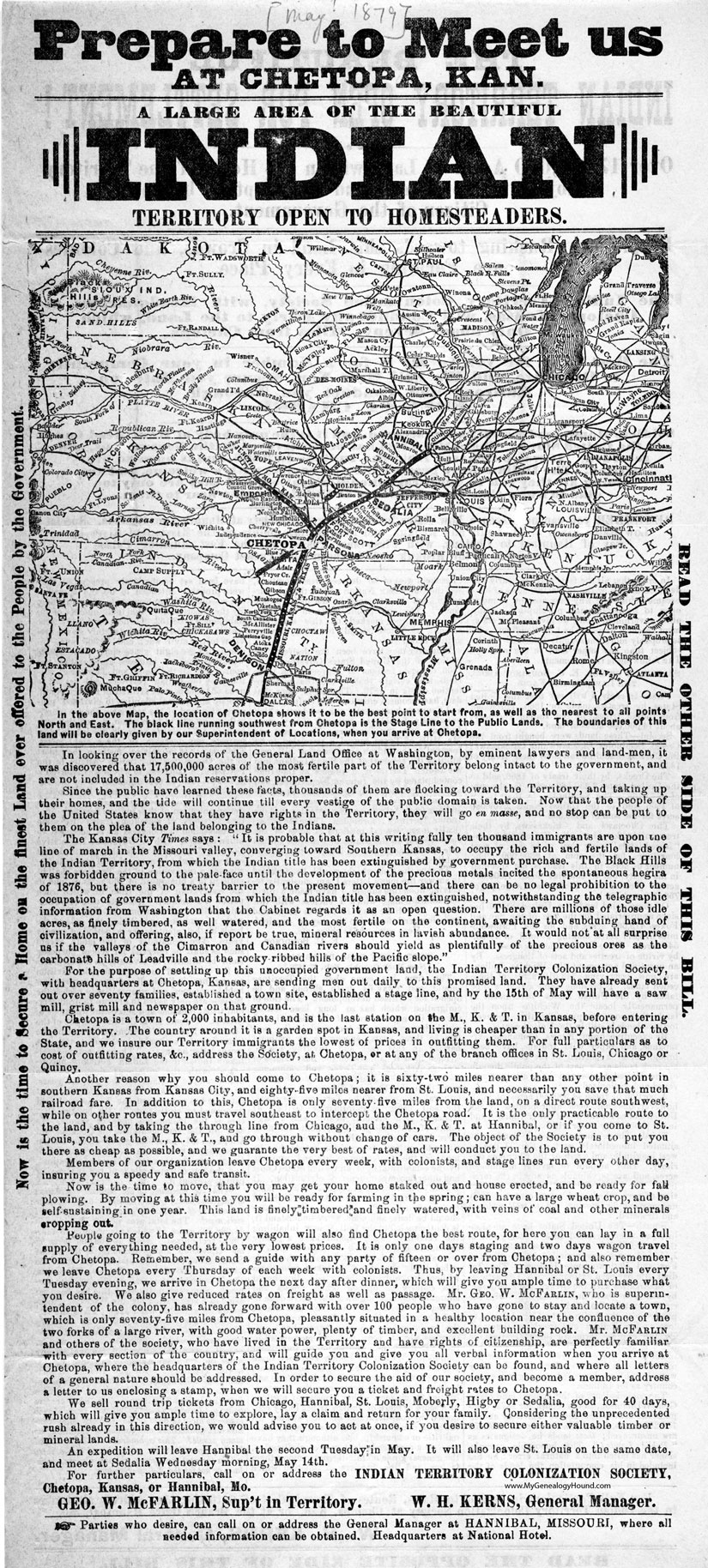 Indian Territory, Chetopa, Kansas Homestead, historic poster, broadside