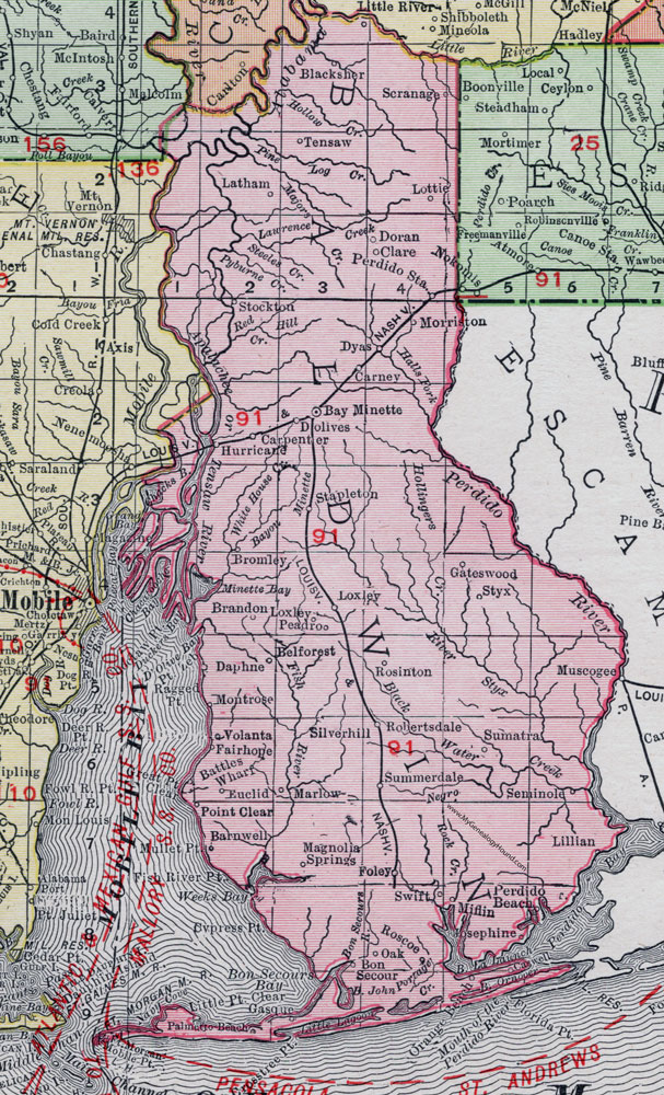 Baldwin County, Alabama, Map, 1911, Bay Minette, Foley, Robertsdale, Loxley, Silverhill, Summerdale, Lillian, Magnolia Springs, Daphne, Montrose, Fairhope, Orange Beach, Bon Secour, Stapleton