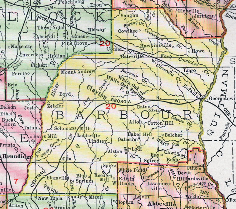 Barbour County, Alabama, Map, 1911, Eufaula, Clayton, Clio, Batesville, Comer, Baker Hill, Louisville, Mt. Andrew, Cowikee, Belcher, Lodi, Lindsey, Solomons Mills, Elamville, Reeders Mill