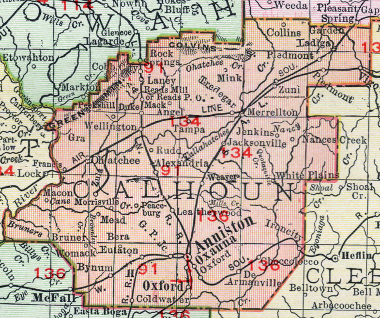 Calhoun County, Alabama, Map, 1911, Anniston, Jacksonville, Piedmont, Oxford, De Armanville, Choccolocco, Weaver, Bynum, Ohatchee, Wellington, Alexandria, Oxanna, Leatherwood, Eulaton, Peaceburg, Ladiga, Zuni, Morrisville, Peeks Hill