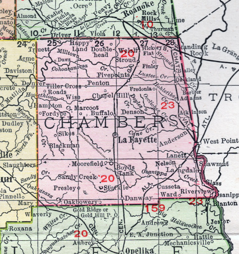 Chambers County, Alabama, Map, 1911, Lafayette, Lanett, Five Points, Stroud, Cusseta, Osanippa, Sturkie, Marcoot, Happy Land, Doublehead, Tiller Cross Roads, Denson, Boyds Tank, Shawmut, Presley, Atkinson, Fordyce