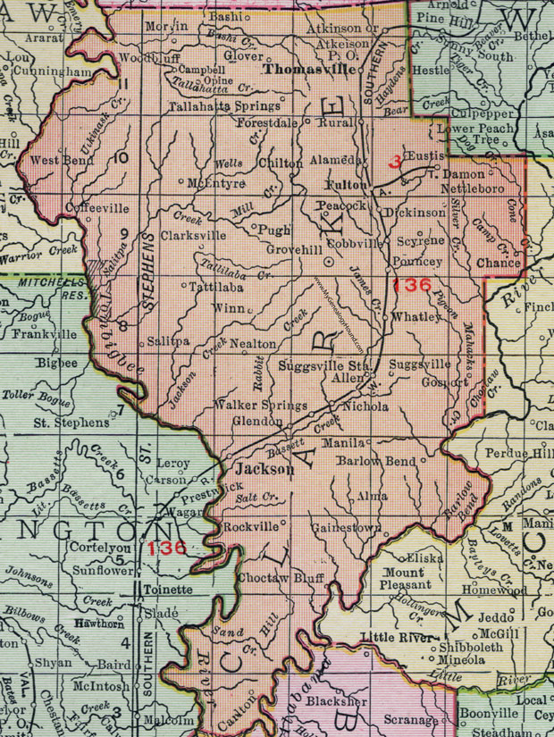 Clarke County, Alabama, Map, 1911, Jackson, Grove Hill, Thomasville, Carlton, Gainestown, Alma, Morvin, Fulton, Dickinson, Whatley, Allen, Walker Springs, Salitpa, Coffeeville, Suggsville, Nichola