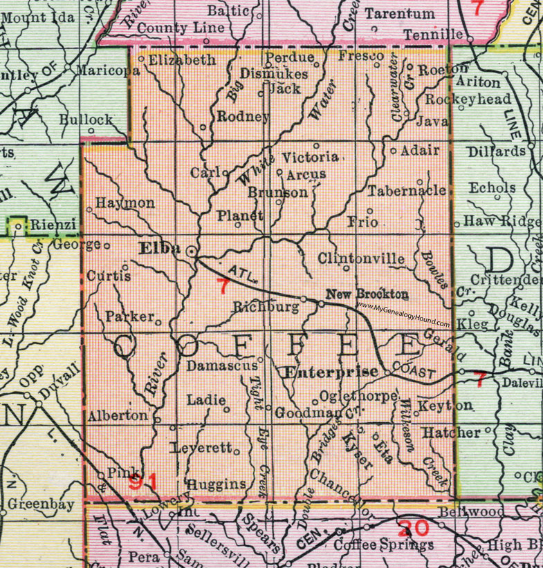 Coffee County, Alabama, Map, 1911, Elba, Enterprise, New Brockton, Huggins, Alberton, Dismukes, Tabernacle, Oglethorpe, Goodman, Keyton, Leverett, Haymon, Brunson, Arcus, Ladie, Frio, Roeton