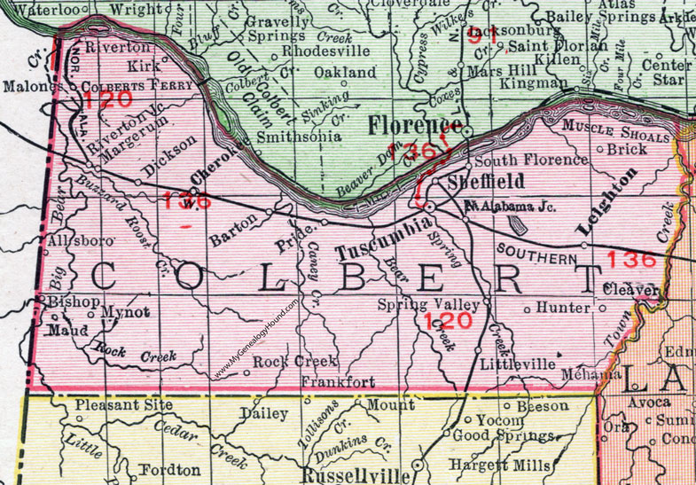 Colbert County, Alabama, Map, 1911, Tuscumbia, Cherokee, Sheffield, Leighton, Littleville, Barton, Malones, Mynot, Mehama, Allsboro, Margerum, Colberts Ferry, Riverton, Cleaver, Dickson, South Florence, Brick