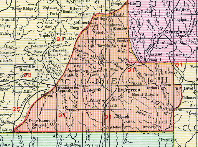 Conecuh County, Alabama, Map, 1911, Evergreen, Castleberry, Repton, Range, Lenox, Stallings, Manti, Annex, Orestes, Sepulga, Owassa, Bonnette, Skinnerton, Nichburg, Nymph, Brooklyn, Melrose, Volina