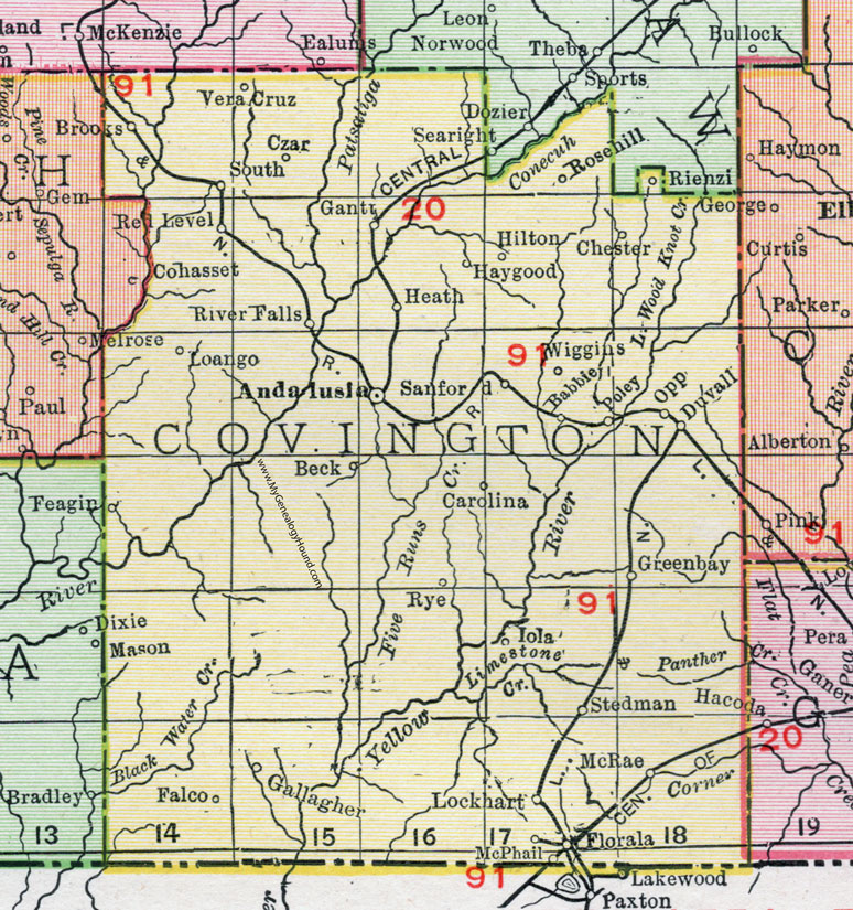 Covington County, Alabama, Map, 1911, Andalusia, Opp, Florala, Lockhart, Gantt, Red Level, River Falls, Brooks, Loango, Hilton, Haygood, Duvall, Wiggins, Babbie, Poley, Stedman, Green Bay, McPhail, Falco, Gallagher, Sanford, Czar