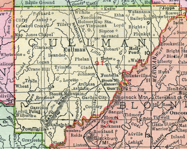Cullman County, Alabama, Map, 1911, Cullman City, Hanceville, Garden City, Vinemont, Jones Chapel, Crane Hill, Logan, Arkadelphia, Bremen, Holly Pond, Joppa, Baileyton, Simcoe, Ashtola, Archusa, Fontella, Plunket, Roswell