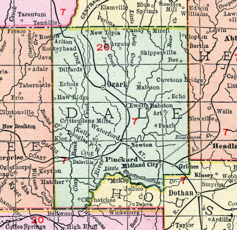 Dale County, Alabama, Map, 1911, Ozark, Midland City, Daleville, Pinckard, Newton, Echo, Ariton, Skipperville, Clopton, Kleg, Waterford, Crittendens Mills, Haw Ridge, Echols, Dillards, Mabson, Ariton, New Topia, Mizell