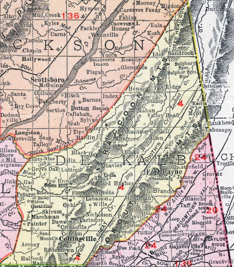 DeKalb County, Alabama, Map, 1911, Fort Payne, Collinsville, Valley Head, Henagar, Mentone, Crossville, Dawson, Geraldine, Portersville, Collbran, Skirum, Aroney, Rodentown, Cordell, Bankhead, Sigsbee, Lahusage, Kaolin, Battelle, Higdon