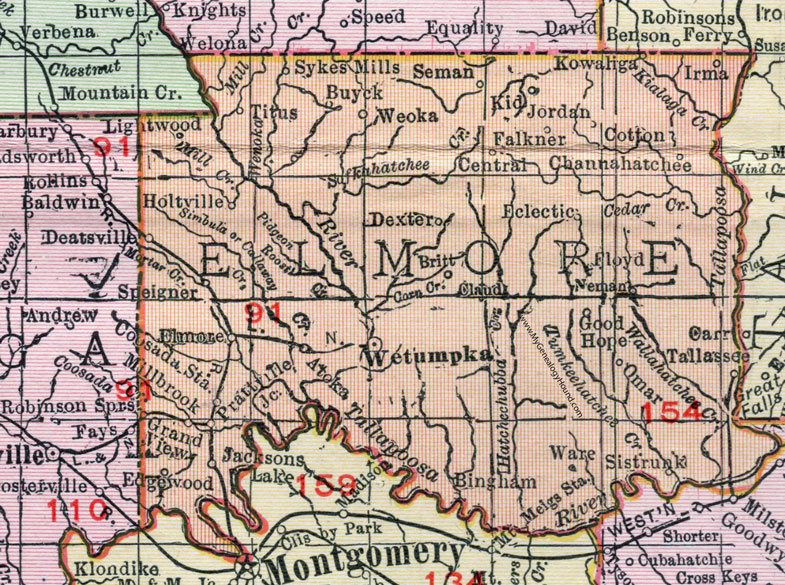 Elmore County, Alabama, Map, 1911, Wetumpka, Tallassee, Millbrook, Titus, Coosada, Elmore, Deatsville, Speigner, Eclectic, Sistrunk, Sykes Mills, Weoka, Channahatchee, Kowaliga, Bingham, Good Hope, Atoka, Omar, Seman