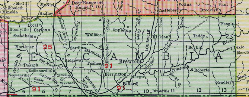 Escambia County, Alabama, Map, 1911, Brewton, Atmore, Flomaton, Dixie, Bradley, Mason, Hammac, Foshee, Sardine, Poarch, Nokomis, Mortimer, Boonville, Ceylon, Wawbeek, Herrington, Pollard, Boykin, Teddy, Kirkland