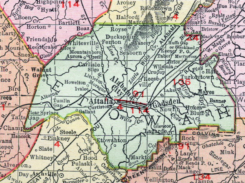 Etowah County, Alabama, Map, 1911, Attalla, Alabama City, Gadsden, Altoona, Walnut Grove, Gallant, Keener, Wilsonia, Glencoe, Hokes Bluff, Etowahton, Turkeytown, Murrycross, Howelton, Royse, Legarde, Markton, Yancey, Mayes, Crudup, Seaborn