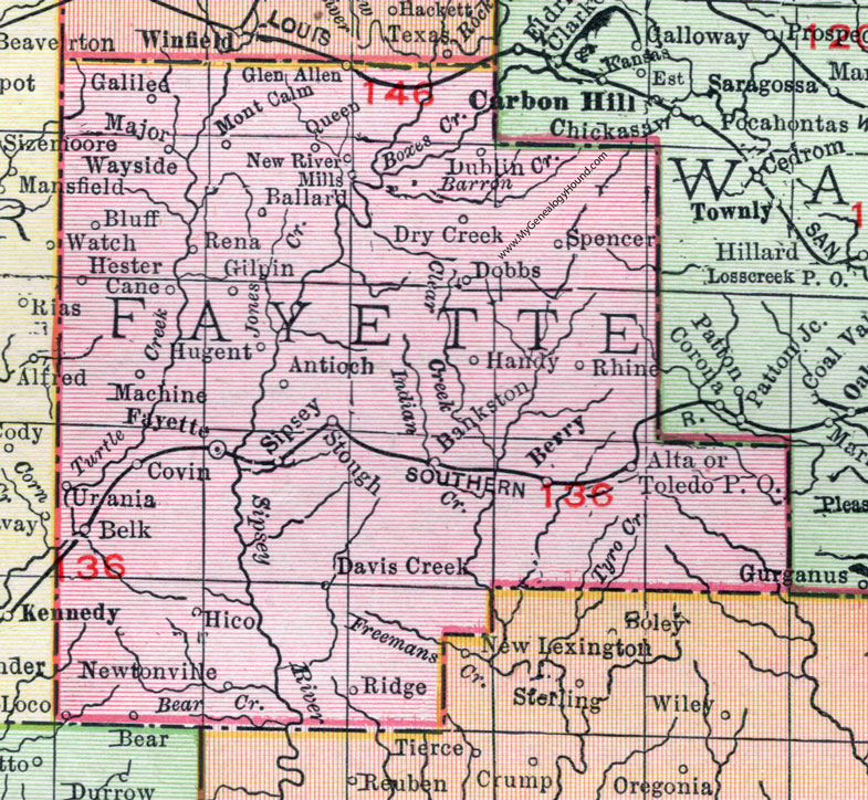 Fayette County, Alabama, Map, 1911, Fayette City, Berry, Glen Allen, Bankston, Newtonville, Belk, Dobbs, Dublin, Gilpin, Ballard, Hester, Urania, Queen, Sipsey, Hugent, Hico, Galilee