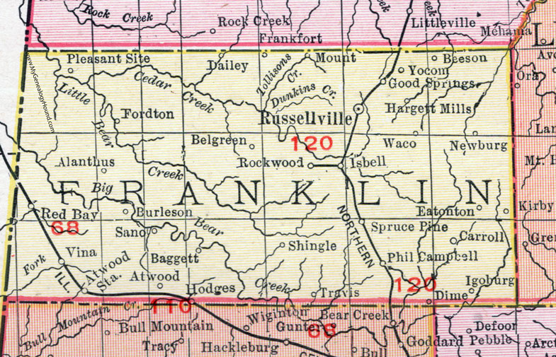 Franklin County, Alabama, Map, 1911, Russellville, Red Bay, Phil Campbell
