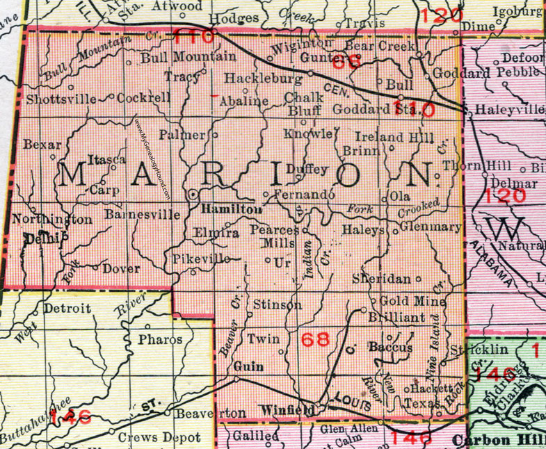 Marion County, Alabama, Map, 1911, Hamilton, Guin, Winfield, Hackleburg