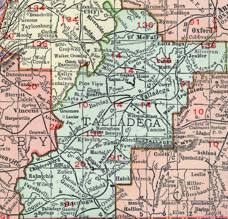 Talladega County, Alabama, Map, 1911, Talladega City, Childersburg, Sylacauga, McFall