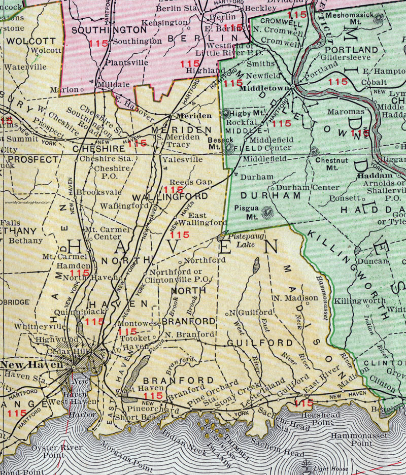 An enlarged view of the eastern half of New Haven County, Connecticut