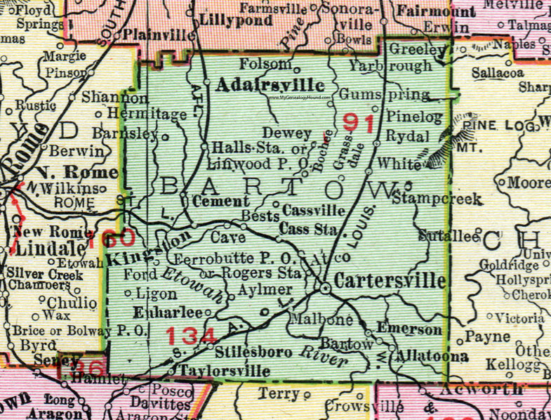 Bartow County, Georgia, 1911, Map, Rand McNally, Cartersville, Kingston, Emerson, Cassville, White, Rydal, Taylorsville, Adairsville, Halls, Pine Log, Aylmer