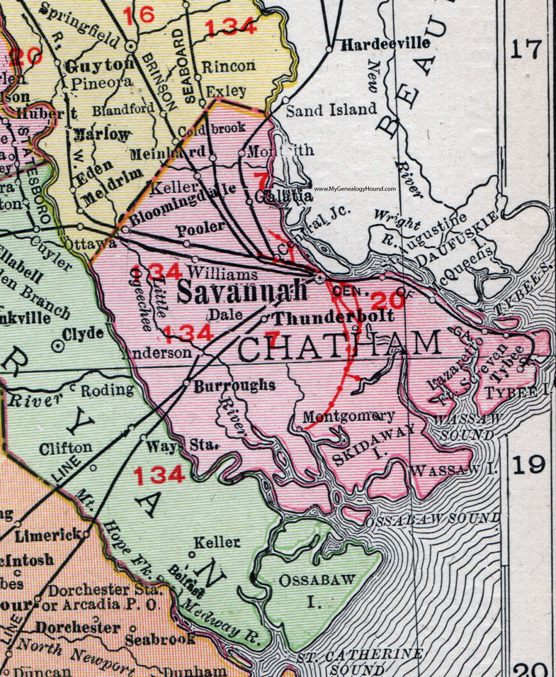 Chatham County, Georgia, 1911, Map, Rand McNally, Savannah, Montgomery, Thunderbolt, Tybee, Bloomingdale, Meinhard, Pooler, Burroughs, Keller, Monteith, McQueens, Lazaretto, Galatia