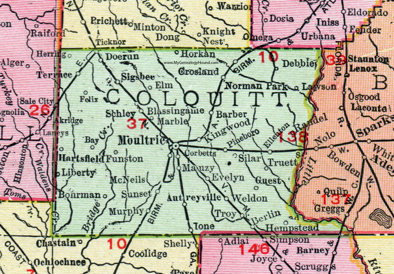 Colquitt County, Georgia, 1911, Map, Rand McNally, Moultrie, Doerun, Norman Park, Ellenton, Berlin, Funston, Hartsfield, Sigsbee, Autreyville, Silar, Truett, Weldon, Schley