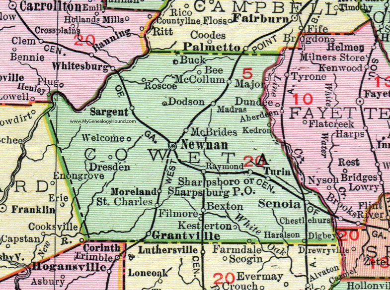 Coweta County, Georgia, 1911, Map, Rand McNally, Newnan, Senoia, Grantville, Moreland, Raymond, Raymond, Sharpsburg, Madras, Sargent, McBrides, Dresden, Kesterton, Haralson, Bexton