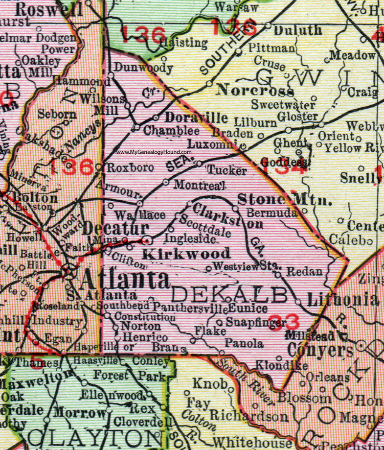 DeKalb County, Georgia, 1911, Map, Rand McNally, Decatur, Dunwoody, Chamblee, Stone Mountain, Kirkwood, Clarkston, Panthersville, Tucker, Scottdale, Snapfinger, Constitution, Redan, Doraville, Wilsons Mill, Henrico, Lithonia