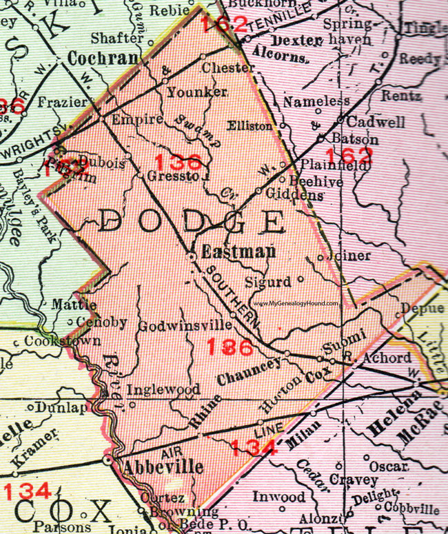 Dodge County, Georgia, 1911, Map, Rand McNally, Eastman, Rhine, Chester, Empire, Gresston, Plainfield, Godwinsville, Chauncey, Sigurd, Younker, Horton, Inglewood, Dubois, Suomi