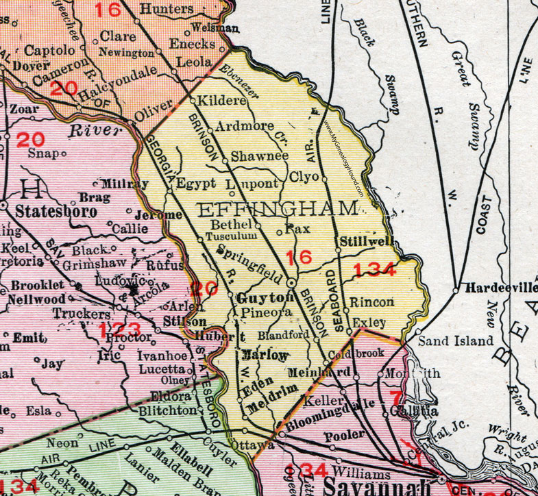 Effingham County, Georgia, 1911, Map, Rand McNally, Springfield, Guyton, Marlow, Rincon, Meldrim, Eden, Stillwell, Clyo, Kildare, Tusculum, Egypt, Ardmore, Pineora, Exley, Blandford