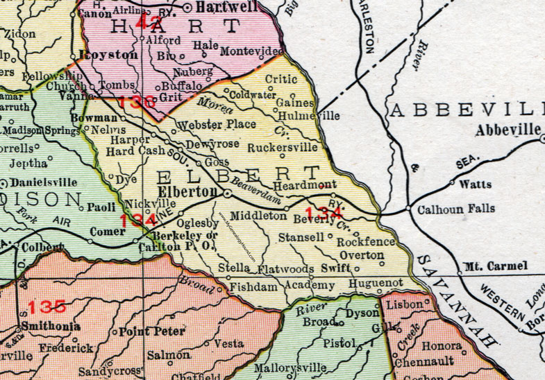 Elbert County, Georgia, 1911, Map, Rand McNally, Elberton, Oglesby, Bowman, Dewy Rose, Huguenot, Ruckersville, Hulmeville, Overton, Goss, Stella, Flatwoods, Rockfence, Heardmont, Gaines, Nelms, Hard Cash