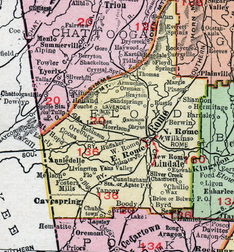 Floyd County, Georgia, 1911, Map, Rand McNally, Rome, Cave Spring, Lindale, Silver Creek, Shannon, Armuchee, Coosa, Oreburg, Robinson, Huffaker, Pinson, Chulio, Zula