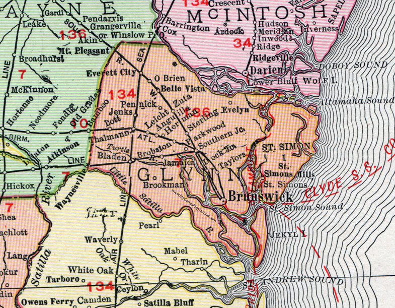 Glynn County, Georgia, 1911, Map, Rand McNally, Brunswick, St. Simons, Sterling, Thalmann, Everett, Brookman, Bladen, Brobston, Pennick, Belle Vista, Evelyn, Simons Mills, Taylors, Anguilla, Leicht