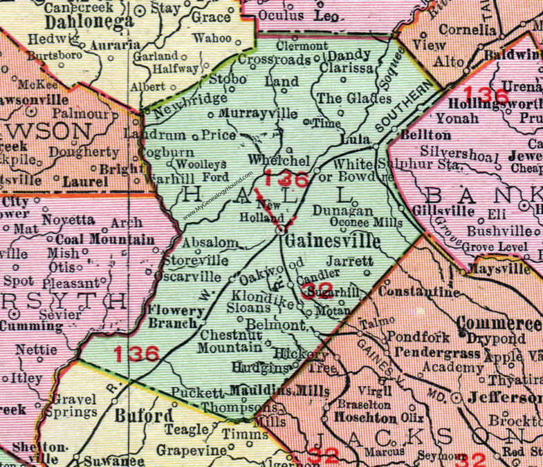 Hall County, Georgia, 1911, Map, Rand McNally, Gainesville, Flowery Branch, Oakwood, Chestnut MouNew Holland, ntain, Gillsville, Murrayville, Absalom, New Holland, Woolleys, Whelchel, Stobo, Jarrett, Klondike, Oconee Mills, Mauldins Mills