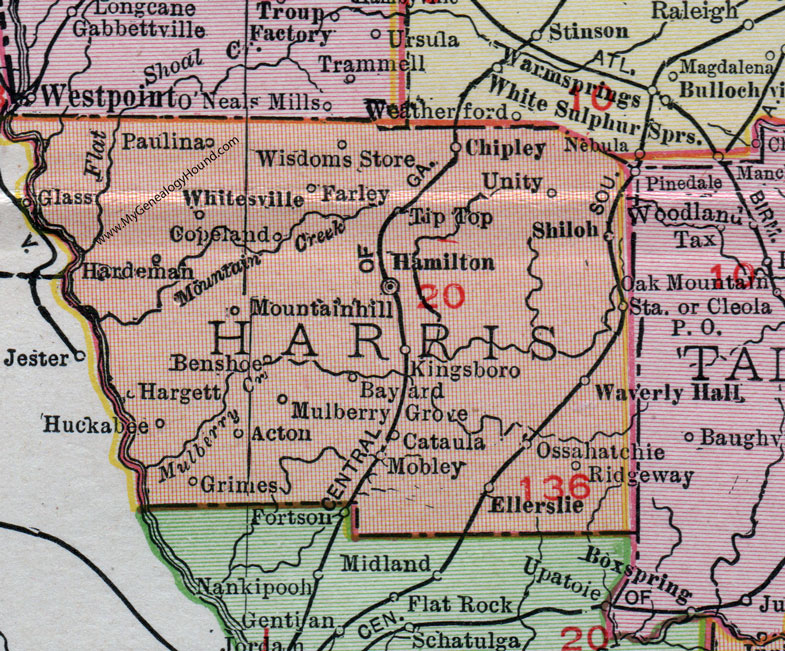 Harris County, Georgia, 1911, Map, Hamilton, Shiloh, Waverly Hall, Ellerslie, Cataula, Whitesville, Chipley, Tip Top, Bayard, Mobley, Grimes, Benshoe, Hargett, Huckabee, Ossahatchie, Farley, Mulberry Grove, Acton, Hardeman, Copeland