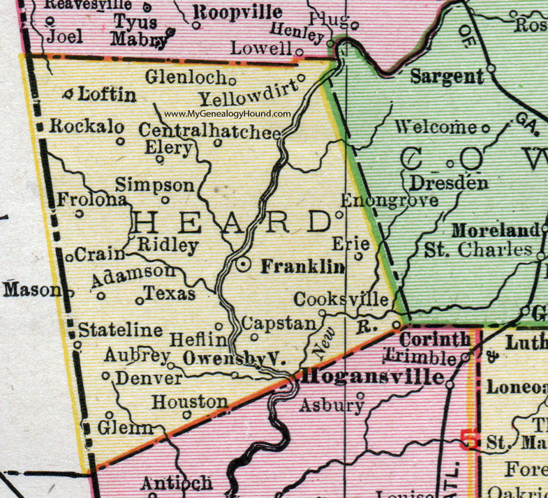Heard County, Georgia, 1911, Map, Franklin, Corinth, Centralhatchee, Glenn, Loftin, Glenloch, Yellowdirt, Rockalo, Elery, Simpson, Frolona, Ridley, Enon Grove, Cooksville, Capstan, Owensbyville, Mason, Adamson, Texas, Denver, Houston