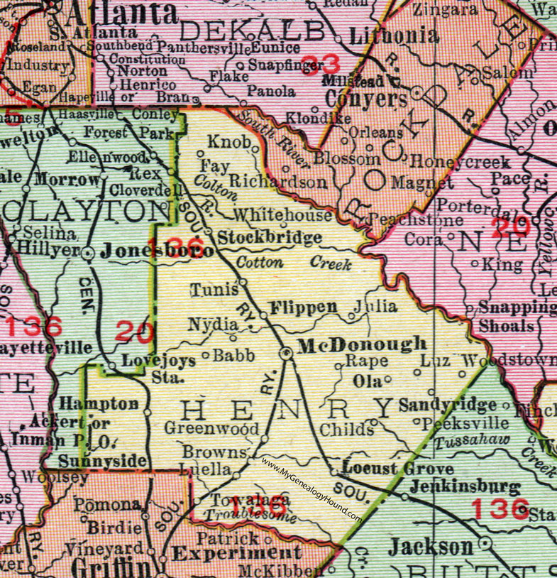Henry County, Georgia, 1911, Map, McDonough, Stockbridge, Flippen, Hampton, Locust Grove, Luella, Babb, Peeksville, Woodstown, Whitehouse, Tunis, Nydia, Towalaga, Rape, Ola, Luz, Julia, Browns