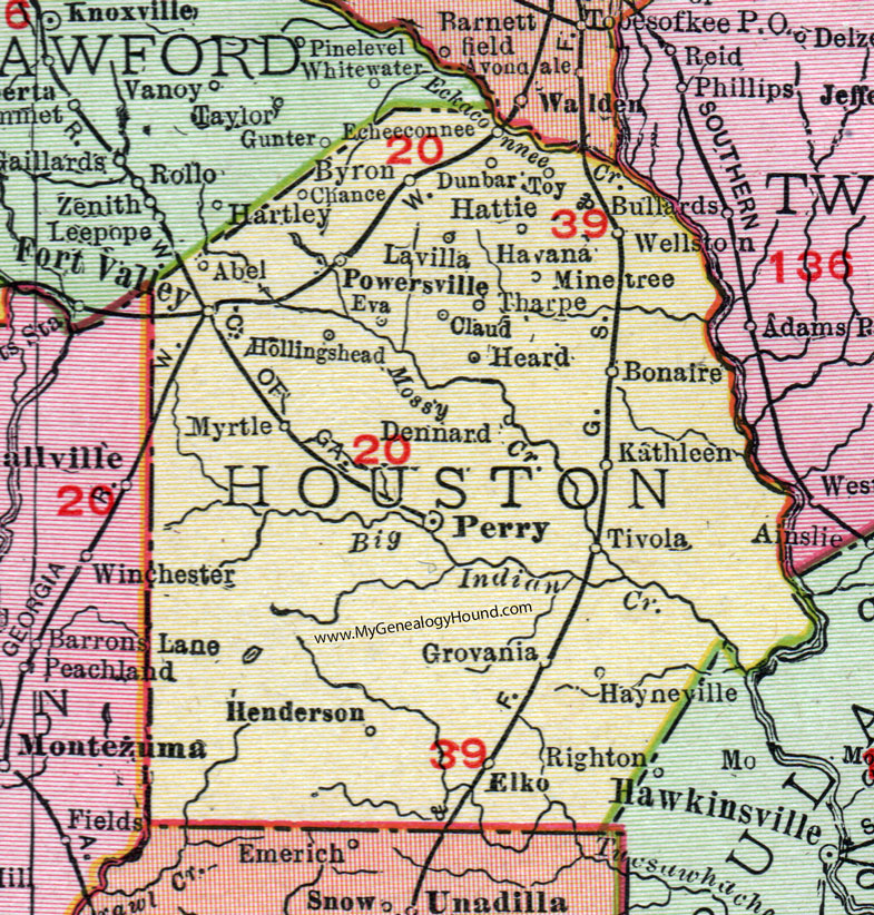 Houston County, Georgia, 1911, Map, Perry, Ft. Valley, Wellston, Warner Robins, Bonaire, Kathleen, Hayneville, Grovania, Elko, Henderson, Tharpe, Minetree, Hattie, Echeeconnee, Lavilla, Hollingshead, Tivola, Dennard, Myrtle, Toy