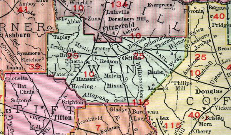 Irwin County, Georgia, 1911, Map, Ocilla, Mystic, Osierfield, Irwinville, Wray, Hokesboro, Horton, Thurman, Barnes, Whitley, Tapley, Abba, Arp, Brisbron, Pinetta, Reason, Waterloo, Launcelot, Mixon, Melvin, Marion, Hansen
