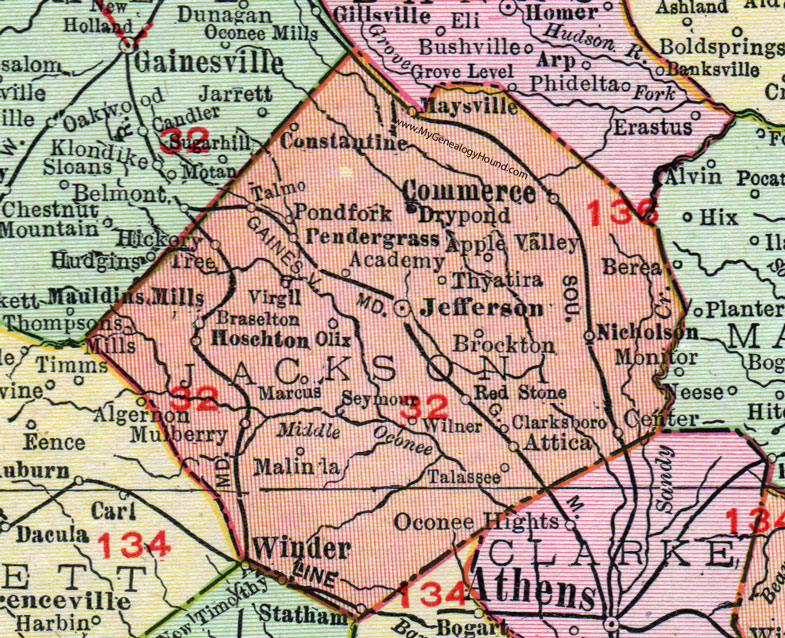 Jackson County, Georgia, 1911, Map, Jefferson, Commerce, Maysville, Hoschton, Braselton, Pendergrass, Talmo, Nicholson, Attica, Thyatira, Thompsons Mill, Malinda, Talassee, Red Stone, Constantine, Marcus, Wilner, Clarksboro, Brockton