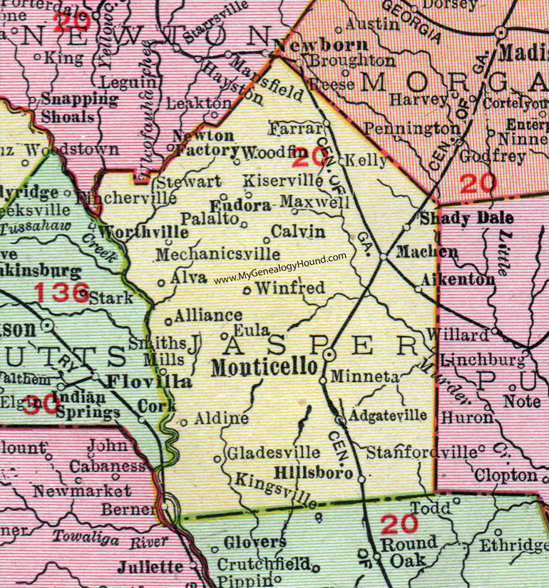 Jasper County, Georgia, 1911, Map, Monticello, Shady Dale, Adgateville, Hillsboro, Farrar, Kiserville, Eudora, Palalto, Minneta, Aikenton, Machen, Gladesville, Aldine, Smiths Mills, Maxwell, Eula, Alva, Woodfin, Calvin