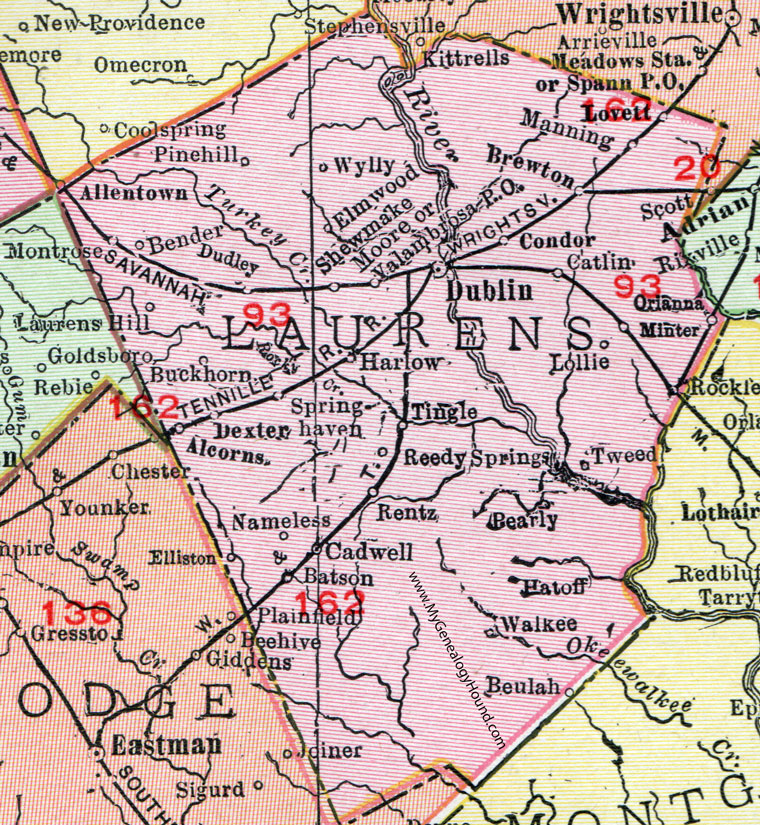 Laurens County, Georgia, 1911, Map, Dublin, Dudley, Dexter, Cadwell, Rentz, Minter, Rockledge, Brewton, Lovett, Montrose, Nameless, Batson, Walkee, Tingle, Condor, Bender, Orianna, Shewmake, Wylly, Valambrosa, Buckhorn, Alcorns