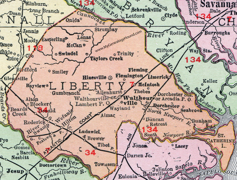 Liberty County, Georgia, 1911, Map, Hinesville, Walthourville, Ludowici, Allenhurst, Fleming, Limerick, McCan, Swindel, Easterling, Onida, Strumbay, Lenas, Smiley, Trinity, Wefanie, Blocker, Seabrook, Dunham, Thebes, Dorchester