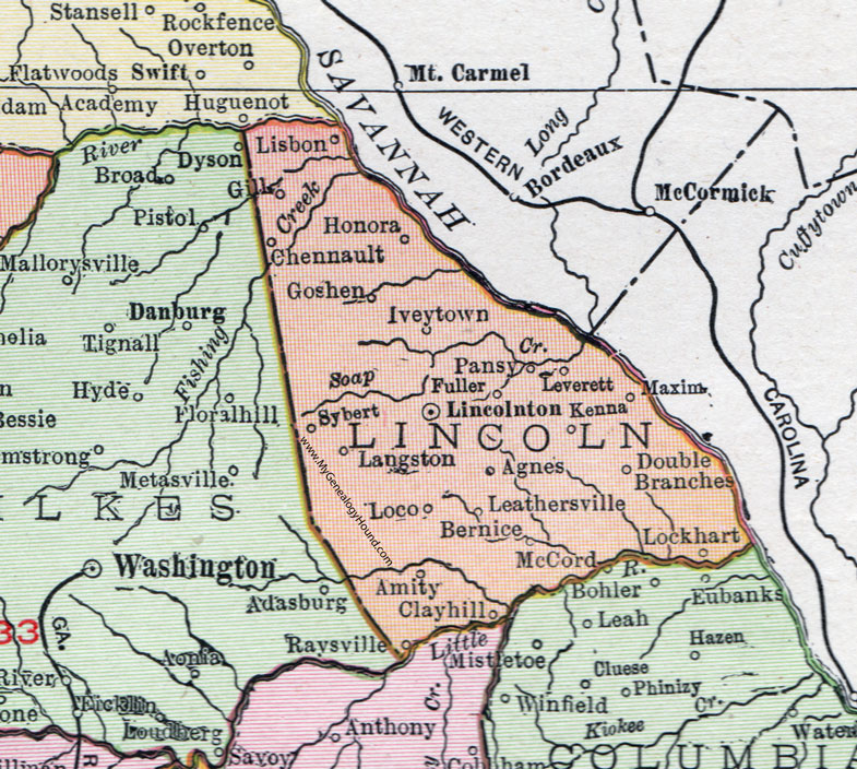 Lincoln County, Georgia, 1911, Map, Lincolnton, Chennault, Leverett, Leathersville, Raysville, Lockhart, Maxim, Iveytown, Lisbon, Honora, Goshen, Gill, Sybert, Langston, Pansy, Fuller, Bernice, Agnes, Loco