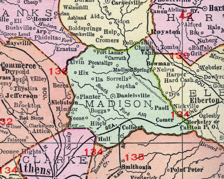 Madison County, Georgia, 1911, Map, Danielsville, Colbert, Comer, Carlton, Hull, Ila, Sorrells, Pocataligo, Fort Lamar, Carruth, Boggs, Neese, Monitor, Berkeley, Paoli, Jeptha, Madison Springs, Hix, Planter
