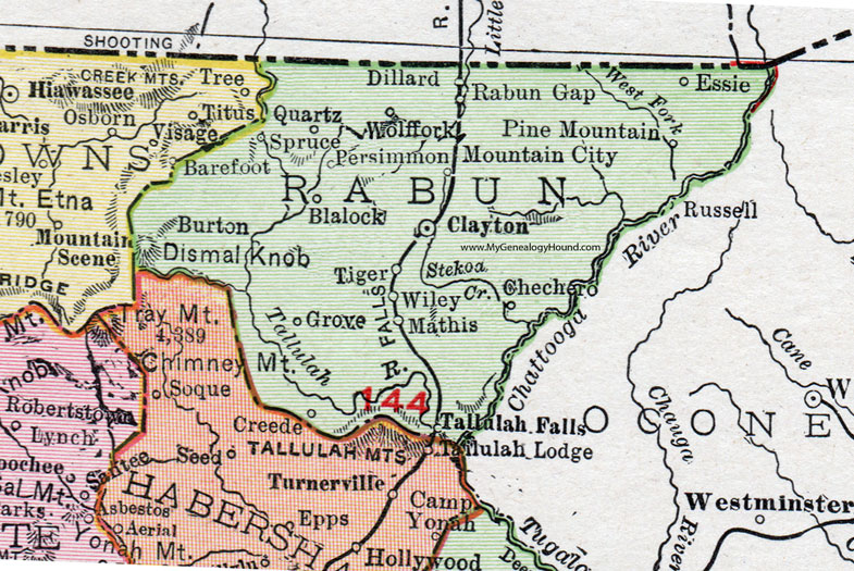 Rabun County, Georgia, 1911, Map, Rand McNally, Clayton, Mountain City, Rabin Gap, Dillard, Tiger, Wiley, Wolffork, Mathis, Chechero, Tallulah Falls, Essie, Quartz, Burton, Persimmon, Blalock, Mountain City