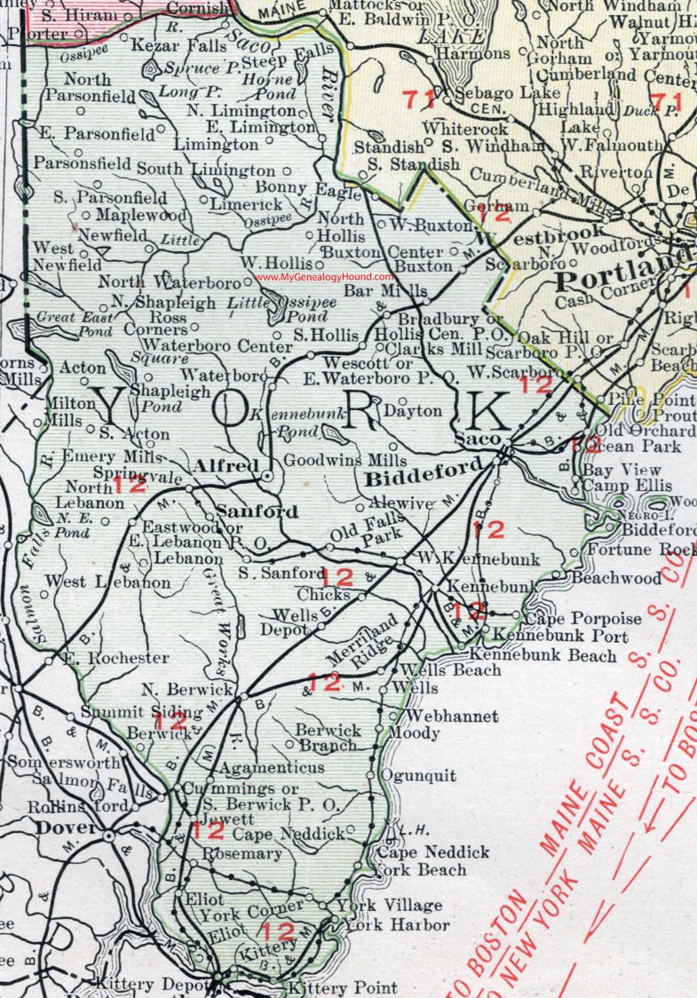 York County, Maine, 1912, map, Alfred, Biddeford, Saco, Sanford, York City, Kennebunk, Wells, Kittery, Old Orchard Beach, Buxton, Waterboro, Berwick, South Berwick, Eliot, Lebanon