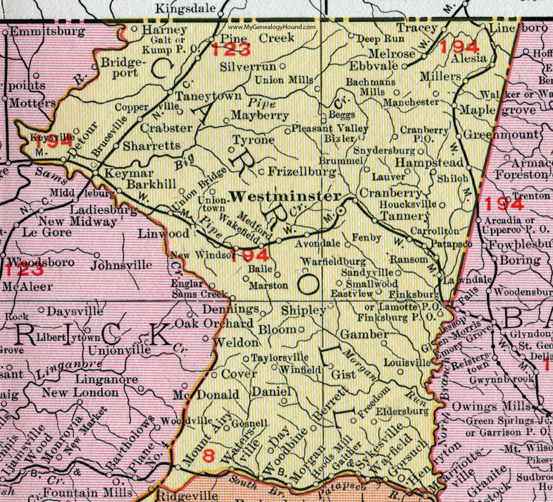 Carroll County, Maryland, Map, 1911, Rand McNally, Westminster, Eldersburg, Sykesville, Mount Airy, Taneytown, Manchester, Hampstead, Union Bridge, Union Mills, Finksburg, Houcksville, Shipley, Woodbine, Sharretts