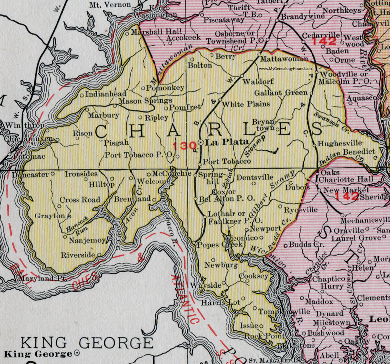 Charles County, Maryland, Map, 1911, Rand McNally, La Plata, Waldorf, Indian Head, Pomonkey, Pomfret, Dentsville, Cooksey, McConchie, Doncaster, Nanjemoy, Wicomico, Ryceville, Chicamuxen, Mattawoman