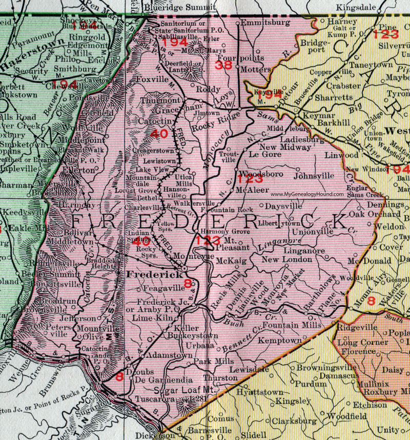 Frederick County, Maryland, Map, 1911, Rand McNally, Thurmont, Walkersville, Brunswick, Emmitsburg, Middletown, Braddock Heights, New Market, Kemptown, Thurston, Adamstown, De Garmendia, Tuscarora, Feagaville