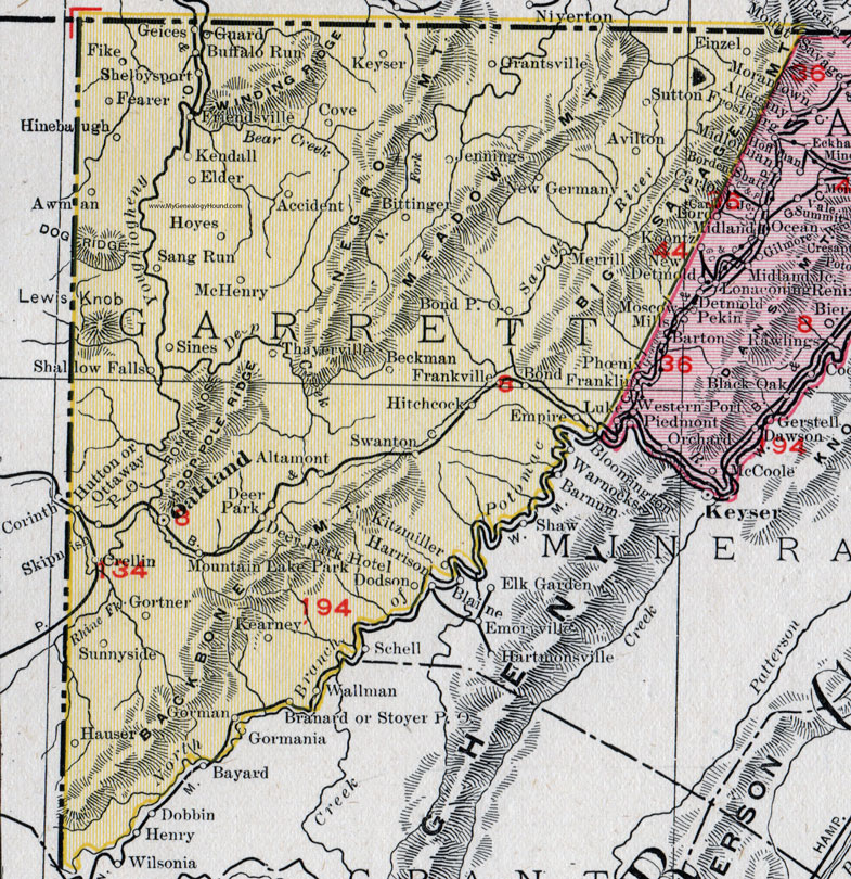 Garrett County, Maryland, Map, 1911, Rand McNally, Oakland, Mountain Lake Park, Friendsville, Bloomington, New Germany, Grantsville, Shelbysport, Keyser, Thayerville, Hitchcock, Altamont, Avilton, Kitzmiller