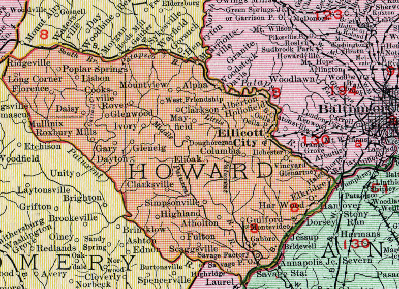 Howard County, Maryland, Map, 1911, Rand McNally, Ellicott City, Columbia, Savage, Scaggsville, Atholton, Guilford, Montevideo, Gabbro, Har Wood, Doughoregan, Elioak, Ilchester, Roxbury Mills